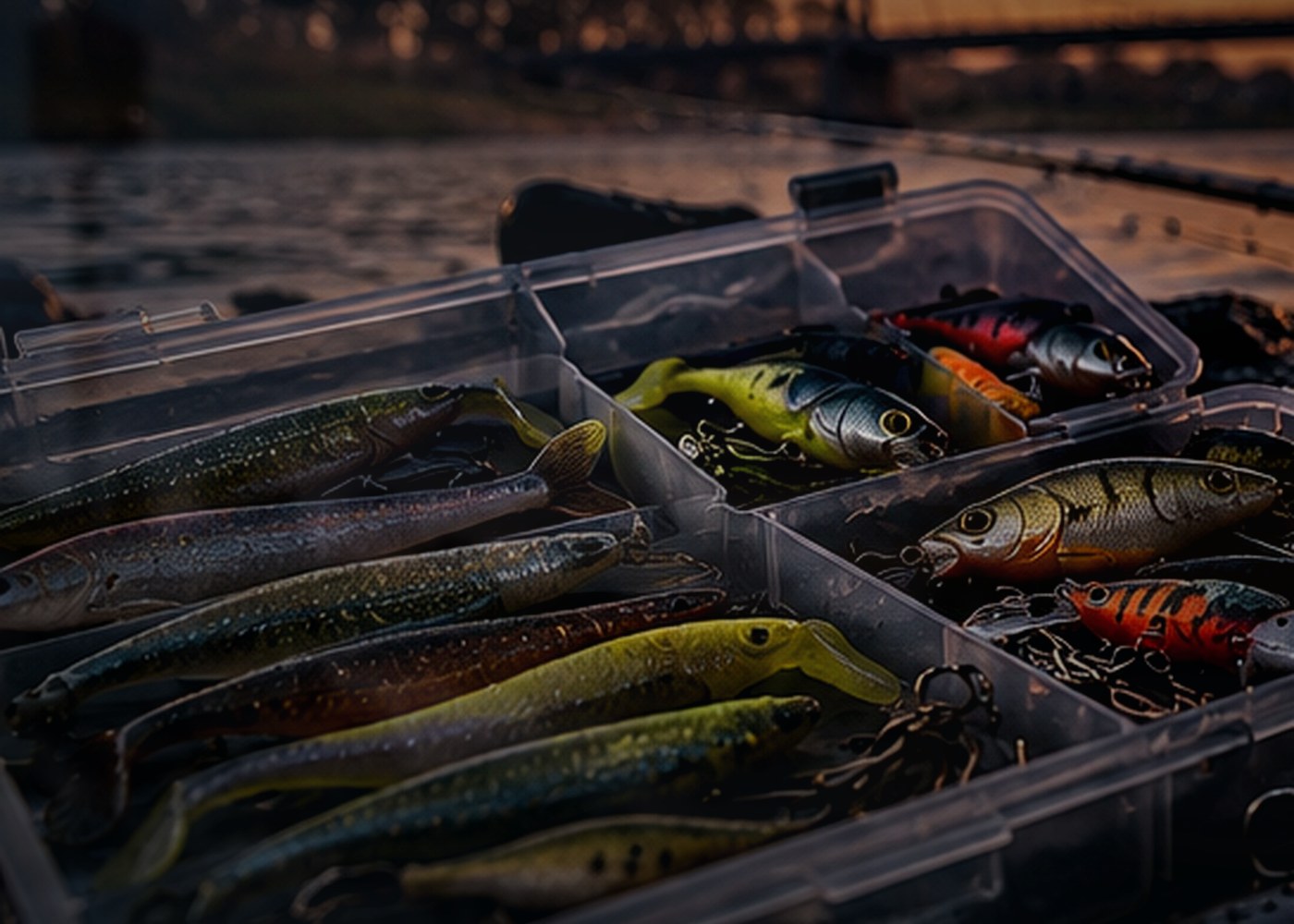 Kunstköderbox mit Gummifischen, Cranks und Jigköpfen auf nasser Steinpackung bei Sonnenuntergang